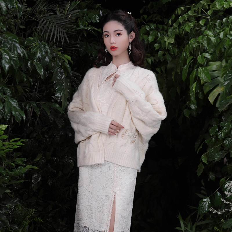 槿爷东方 麻花针织蝴蝶结开衫外套宽松毛衣 女款 杏色