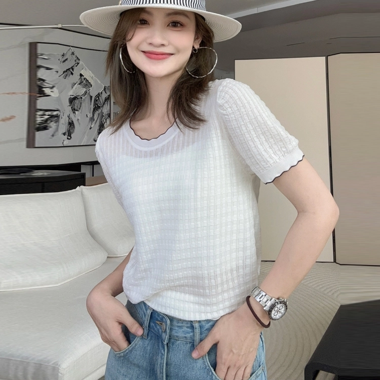 美洋 茉莉公主针织衫 文艺浪漫丝棉波浪领短袖修身上衣