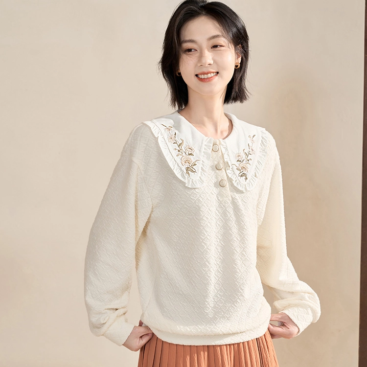 茵曼 绣花娃娃领常规套头长袖格纹卫衣 女款 白杏