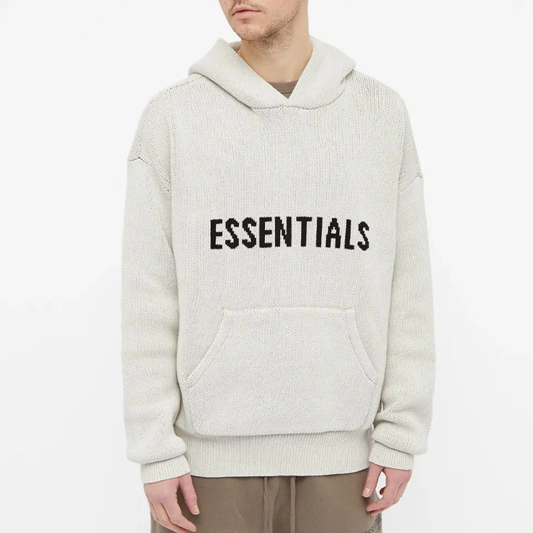 Fear of God Essentials FW21 Knit Hoody Light Heather Oatmeal Logo