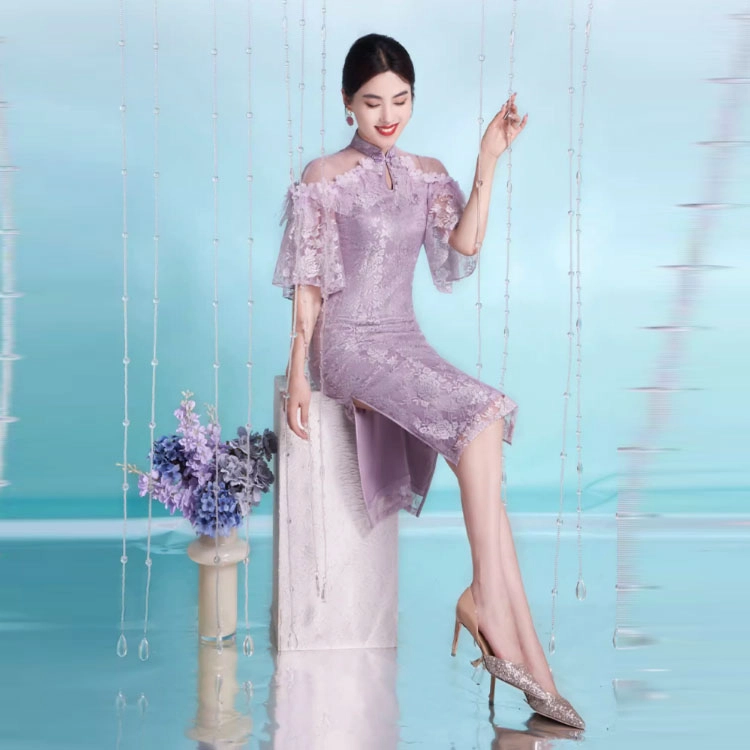 四美子 花卉中长款钉珠盘扣低开衩喇叭短袖旗袍 洛颜