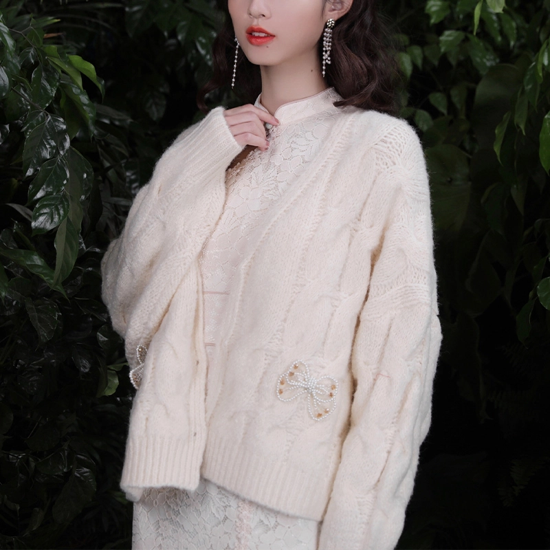 槿爷东方 麻花针织蝴蝶结开衫外套宽松毛衣 女款 杏色