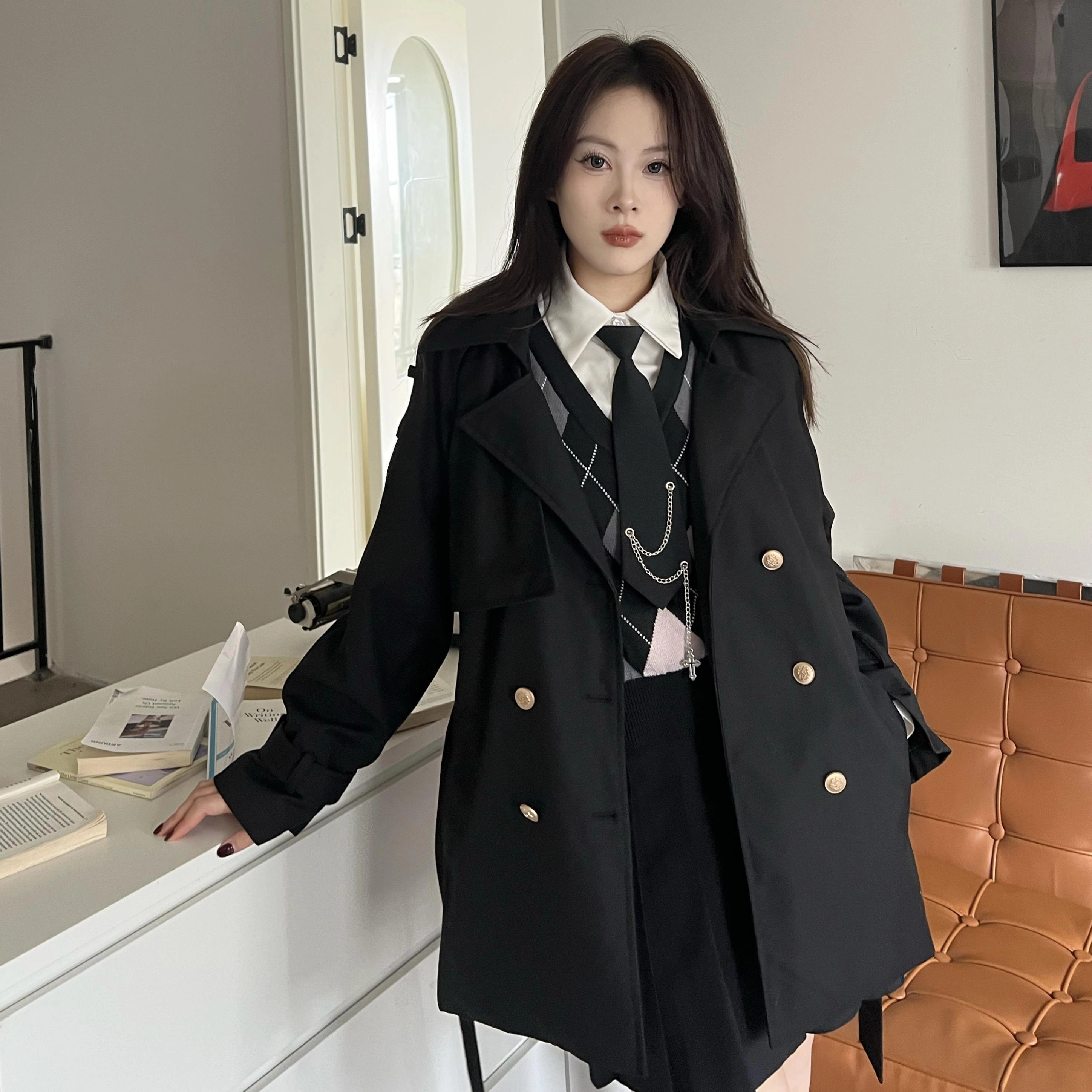 九条喵 纯色双排扣系带风衣外套 女款 黑色
