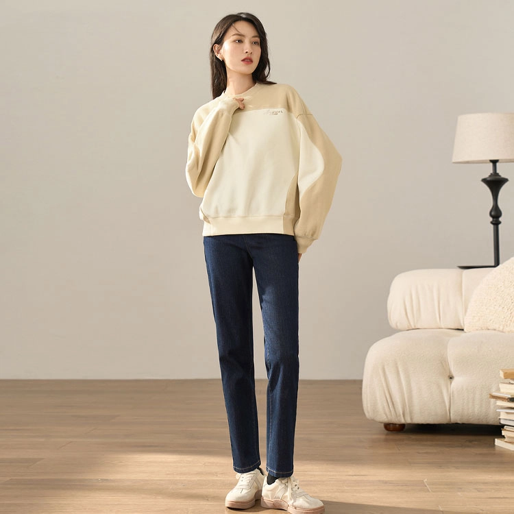 茵曼 纯色拉链九分直筒牛仔裤 女款 深牛仔蓝