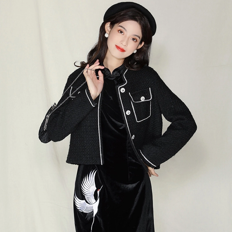 槿爷东方 动物图案羽鹤丝绒改良旗袍 女款 黑色
