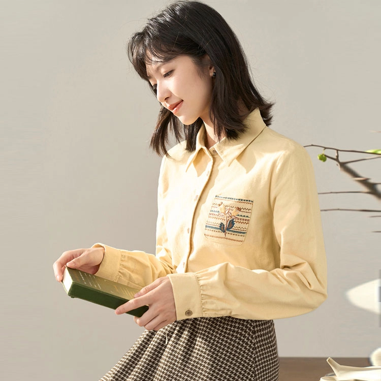 茵曼 口袋绣花长袖衬衫 女款 姜黄色