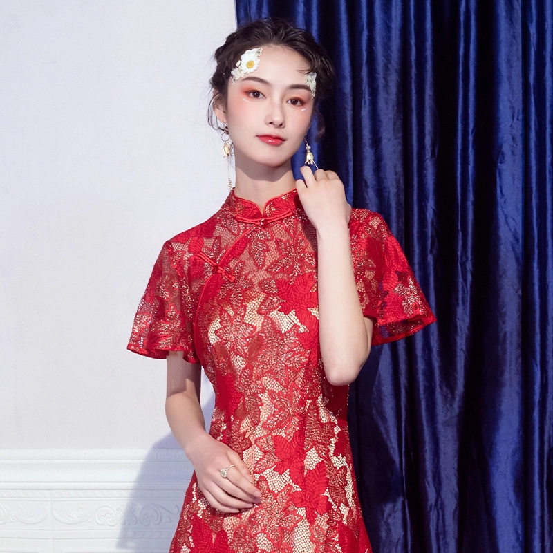 槿爷东方 金丝枫叶喇叭袖蕾丝旗袍 女款 红色