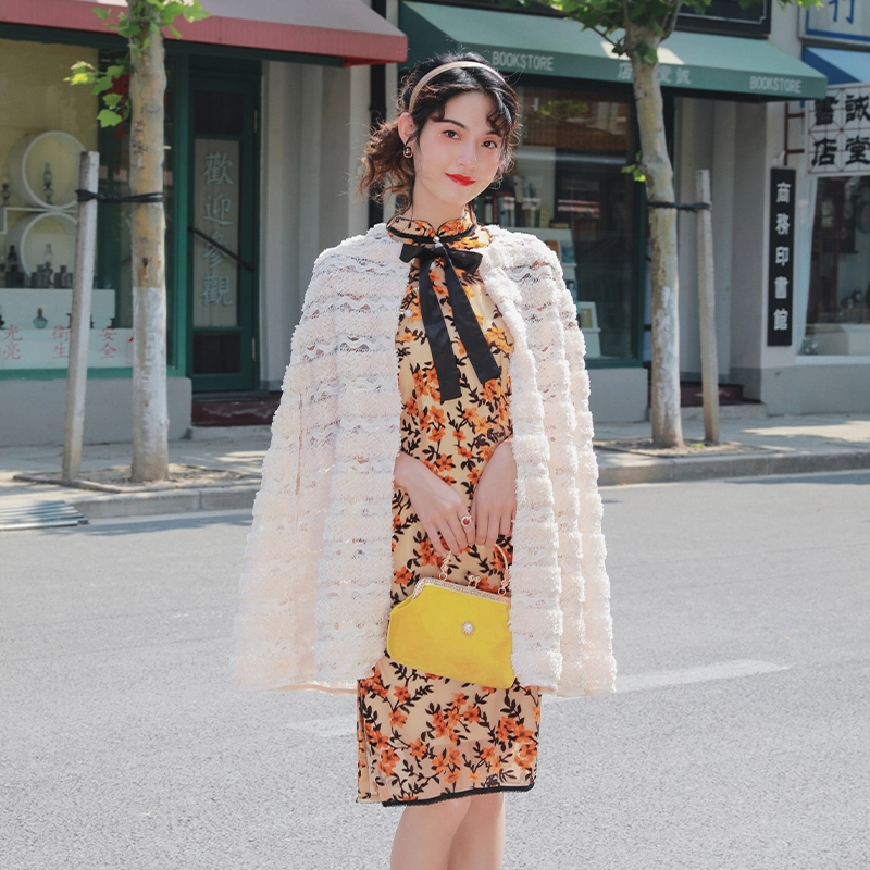 槿爷东方 碎花丝绒短袖旗袍 女款 姜黄色