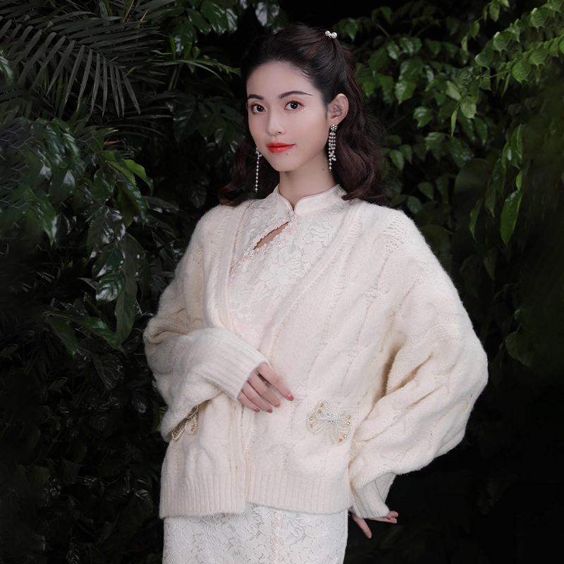 槿爷东方 麻花针织蝴蝶结开衫外套宽松毛衣 女款 杏色