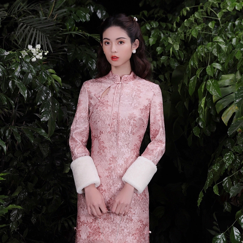 槿爷东方 醉烟林收腰改良旗袍 女款 粉橙色