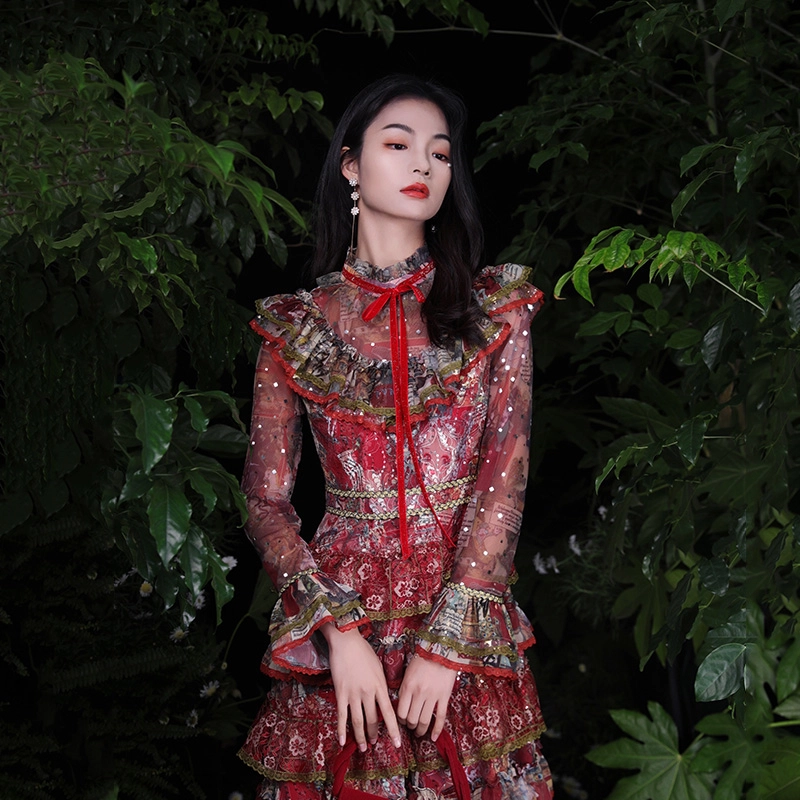 槿爷东方 凝红法式改良版长袖圆领合身长袖连衣裙 女款 红色