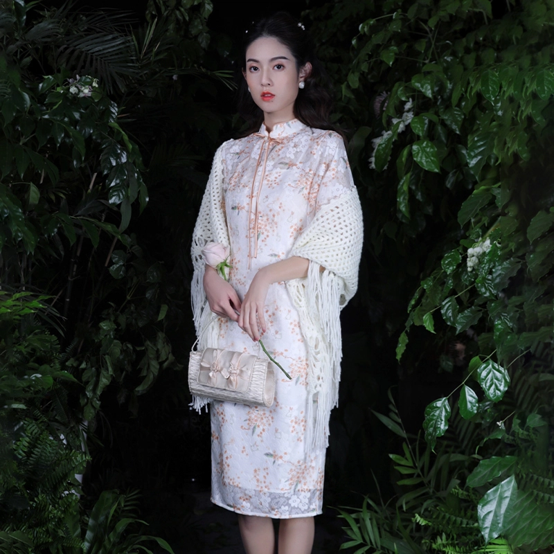 槿爷东方 月桂兔蕾丝改良旗袍 女款 白色 
