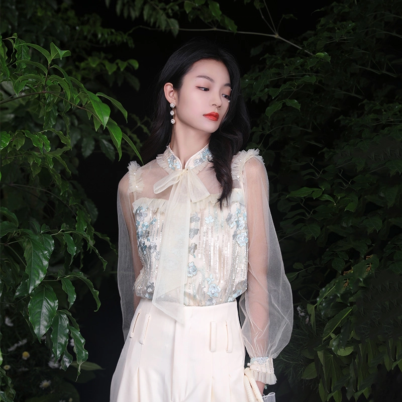 槿爷东方 金曲花蝴蝶结刺绣网纱长袖衬衫 女款 蓝绿色