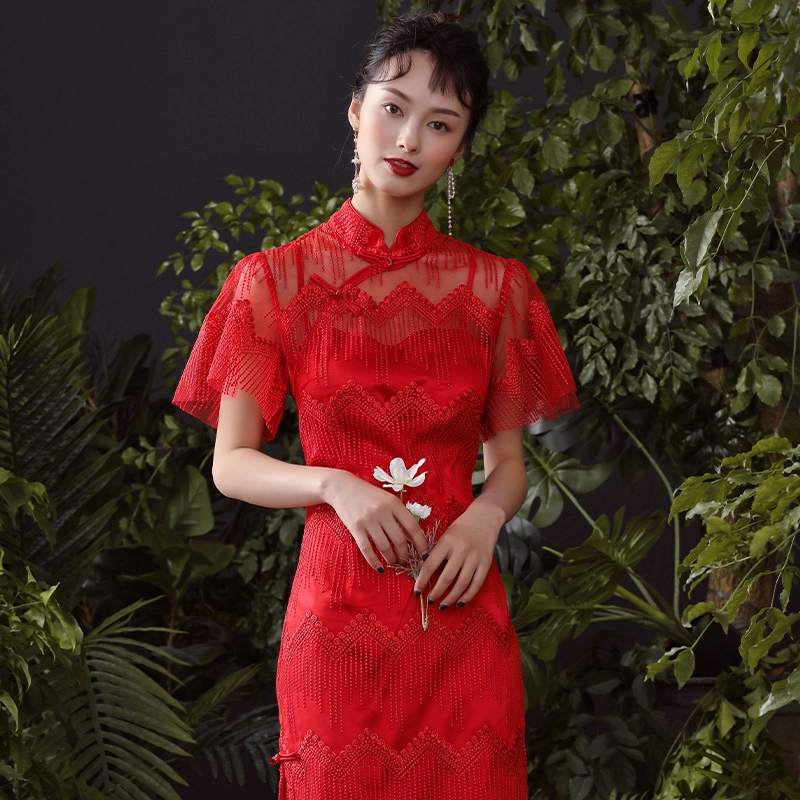 槿爷东方 假流苏刺绣复古短袖旗袍 女款 红色
