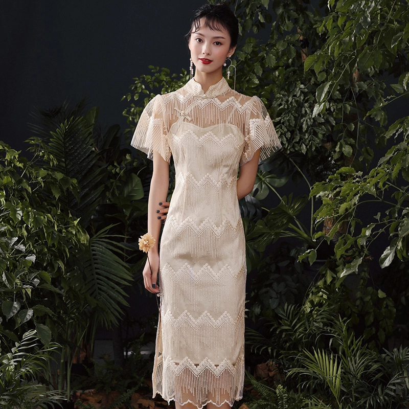 槿爷东方 纯色优雅流苏低开叉短袖旗袍 杏色