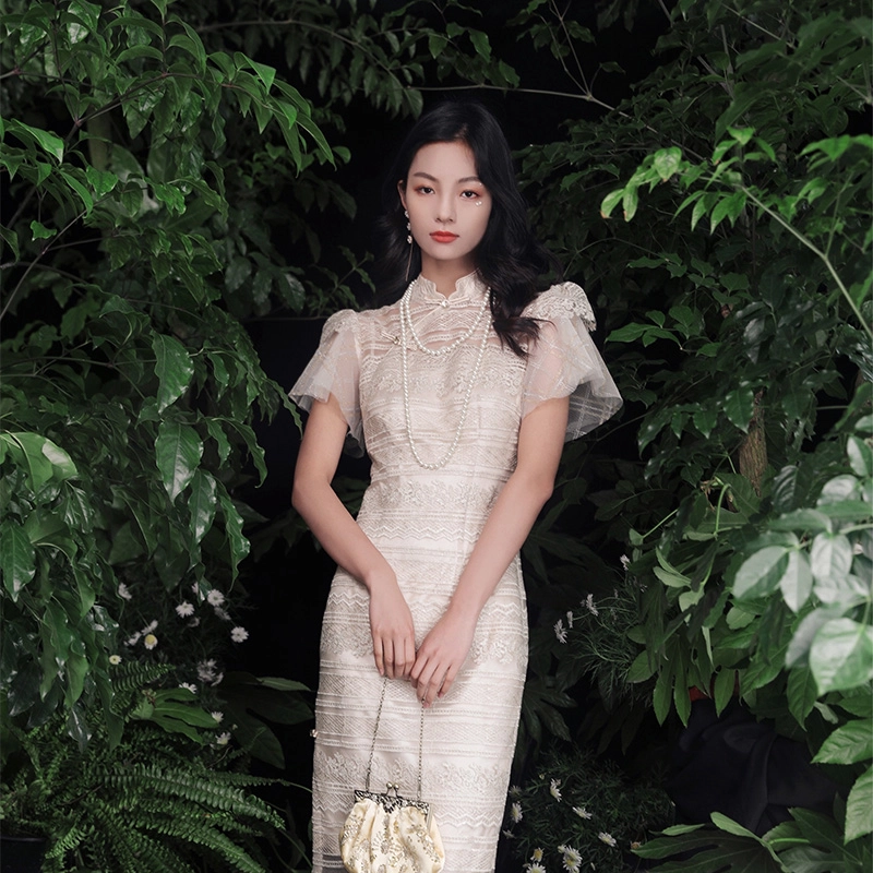 槿爷东方 卿如法式宽纹刺绣旗袍 女款 香槟色