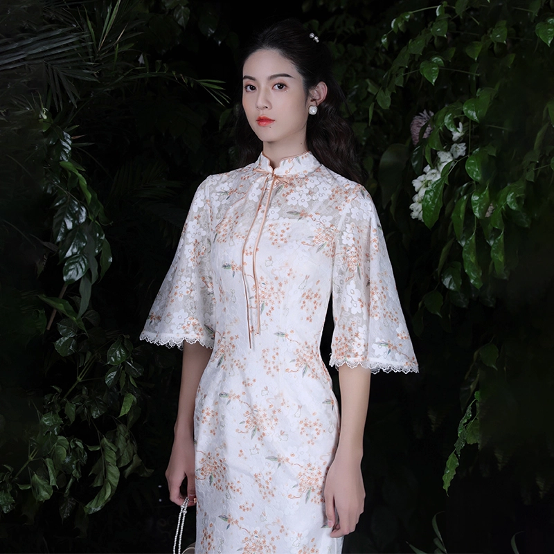 槿爷东方 月桂兔蕾丝改良旗袍 女款 白色 