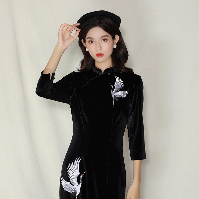 槿爷东方 动物图案羽鹤丝绒改良旗袍 女款 黑色