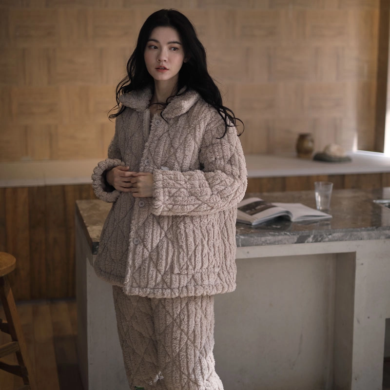 同语 冬季三层夹棉加厚法兰绒珊瑚绒 睡衣家居服加绒套装 女款