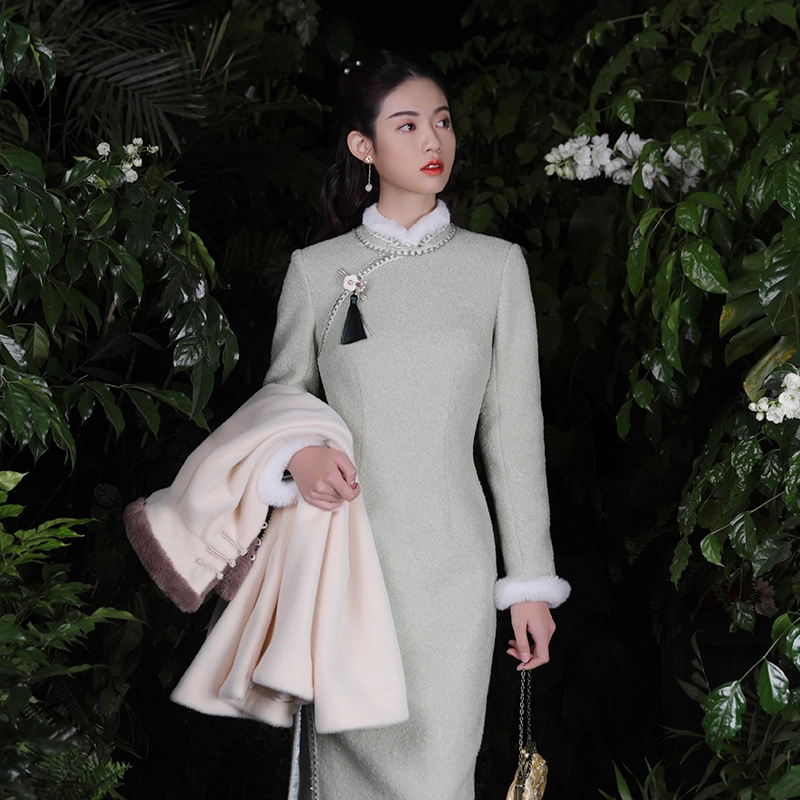 槿爷东方 皖青复古毛呢加厚旗袍 女款 奶绿色