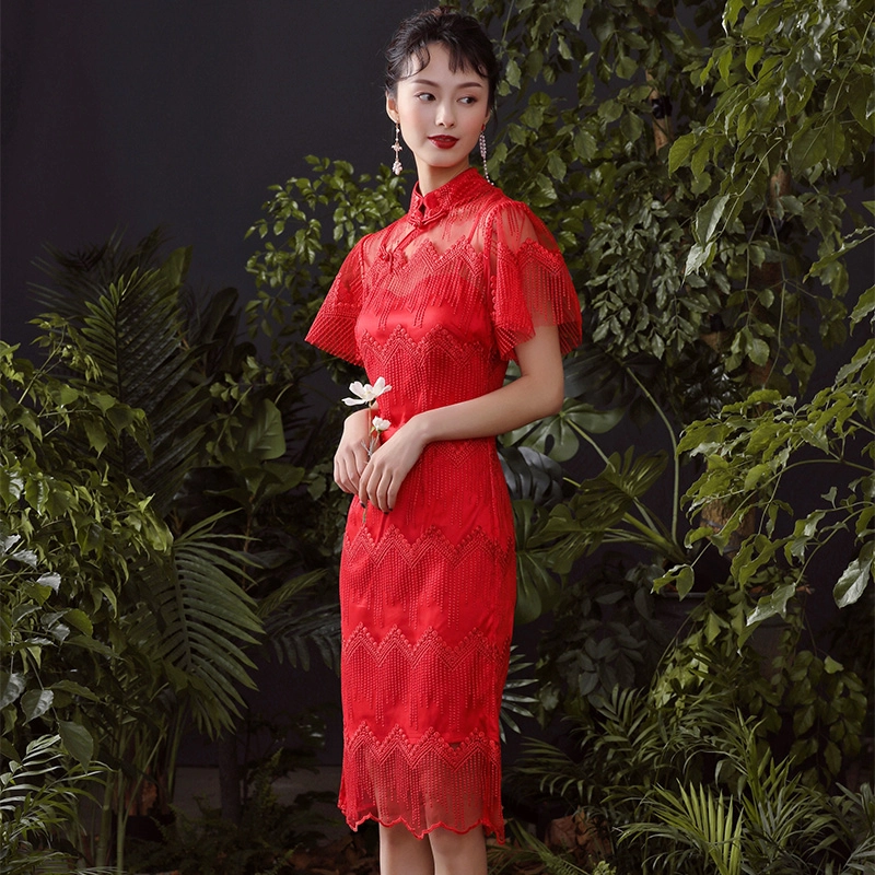 槿爷东方 假流苏刺绣复古短袖旗袍 女款 红色