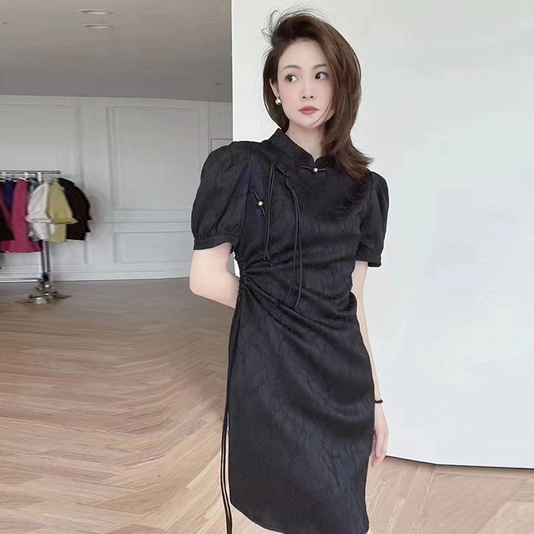 美洋 琼枝挽月裙自带书卷气~琵琶扣短袖提花短裙旗袍 女款
