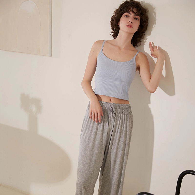 弗利少女 简约纯色宽松直筒睡裤松紧系带秋冬家居长裤 女款
