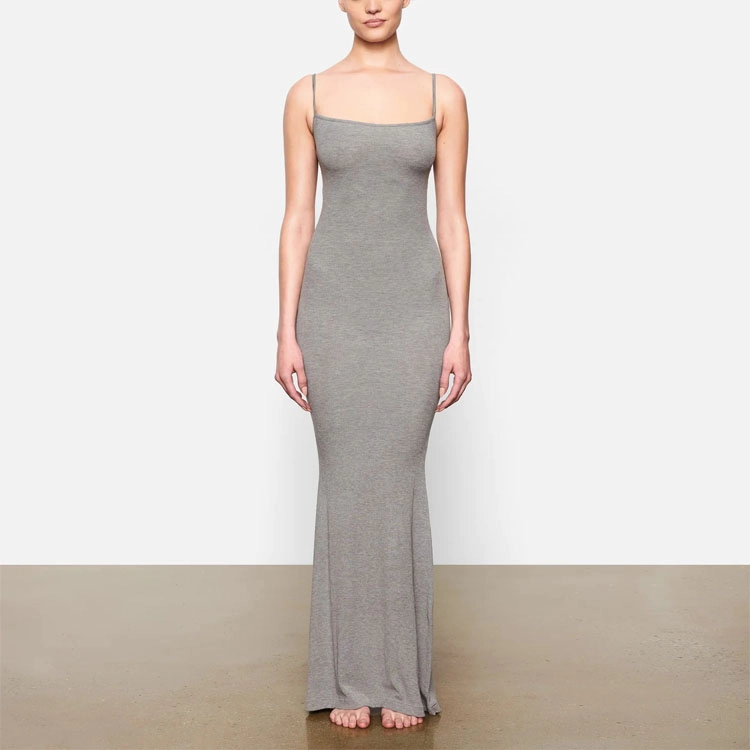 SKIMS SOFT LOUNGE LONG SLIP DRESS HEATHER GREY