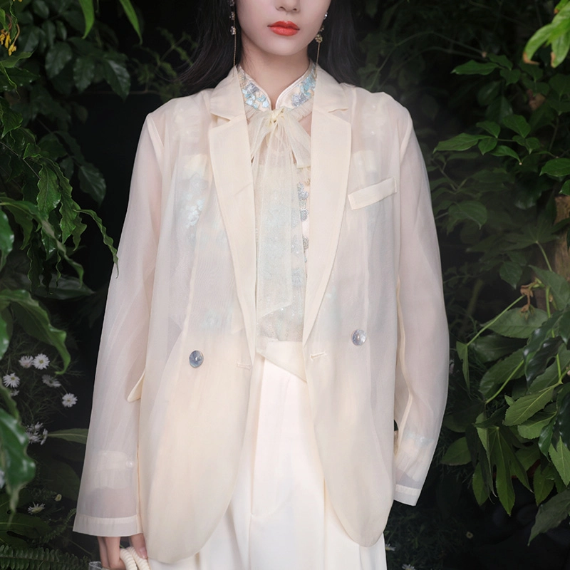 槿爷东方 金曲花蝴蝶结刺绣网纱长袖衬衫 女款 蓝绿色