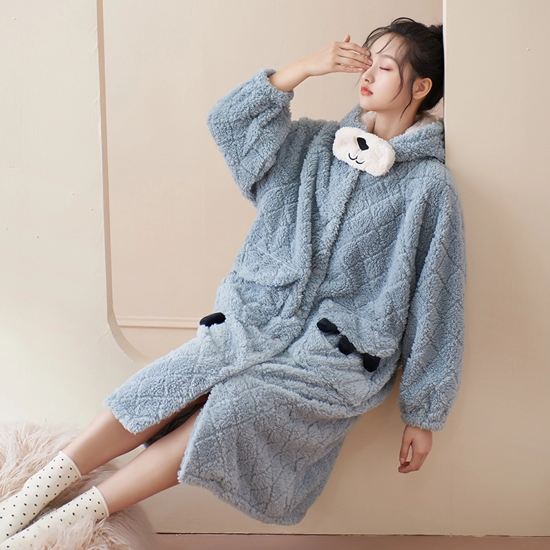 小情歌 纯色可爱卡通连帽珊瑚绒睡袍 家居服套装 女款