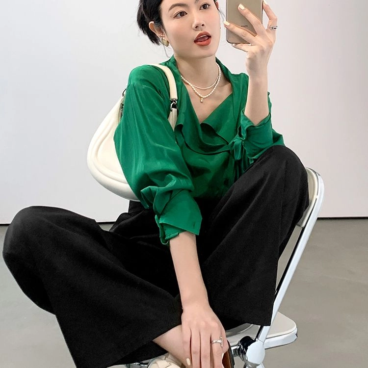 美洋 绿折腰撞色高腰阔腿长裤 女款 简黑