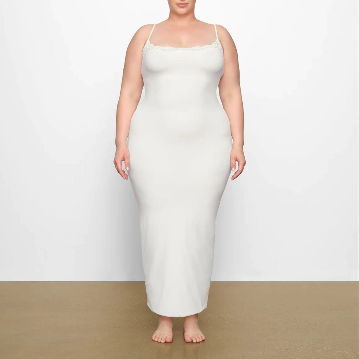 SKIMS FITS EVERYBODY CORDED LACE LONG SLIP DRESS MARBLE