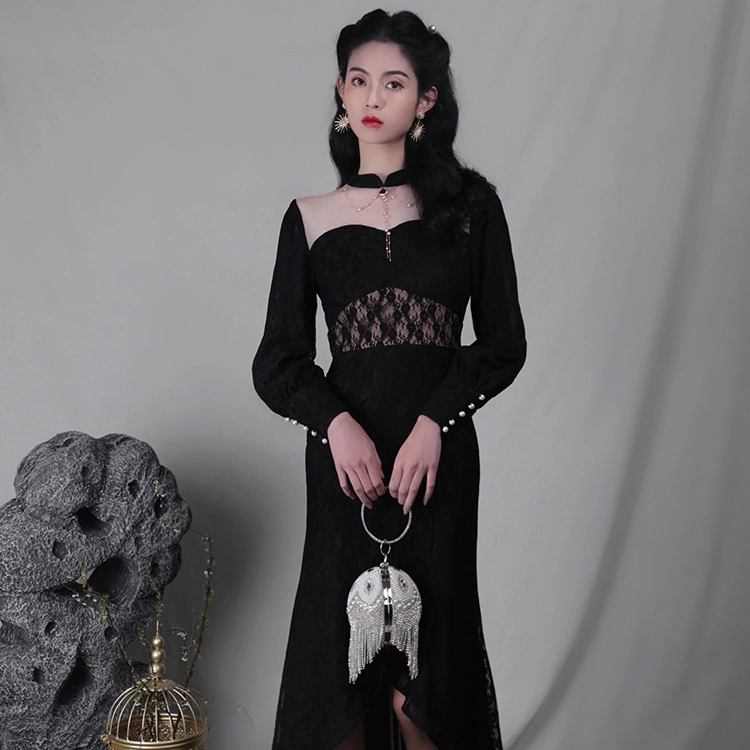 槿爷东方 拼接蕾丝鱼尾连衣裙 玄黑色