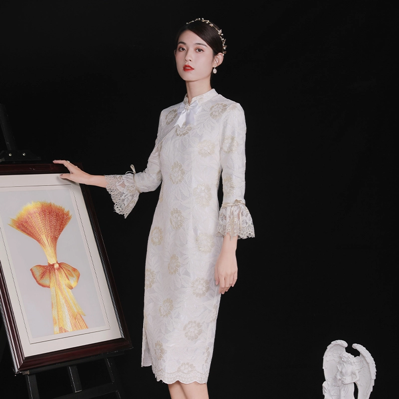 槿爷东方 金玉芙蓉 蕾丝长袖旗袍 女款 白色