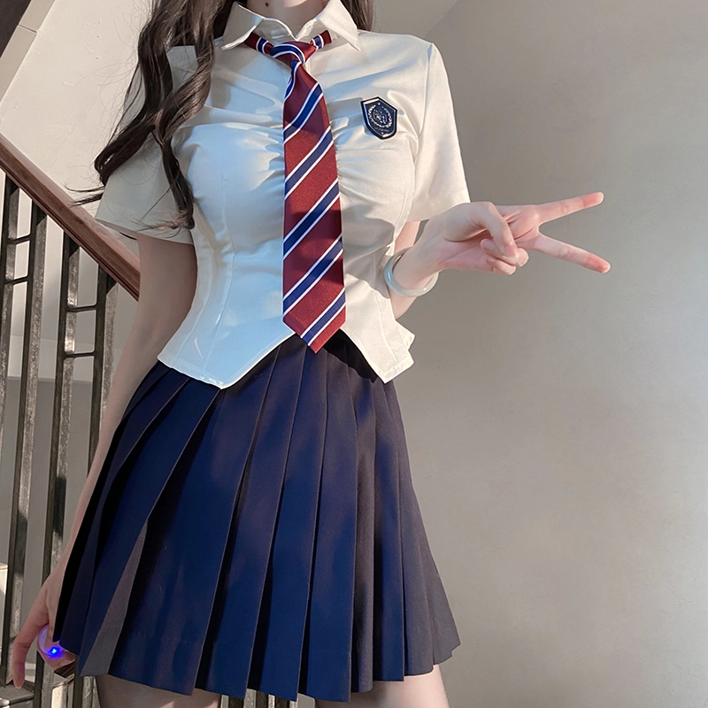 九条喵 撞色领带修身收腰衬衫制服上装 女款 白色