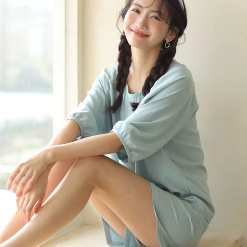 怡吾色 睡衣女夏季纯色肌理感短袖家居服简约可外穿 甜美可爱 女款