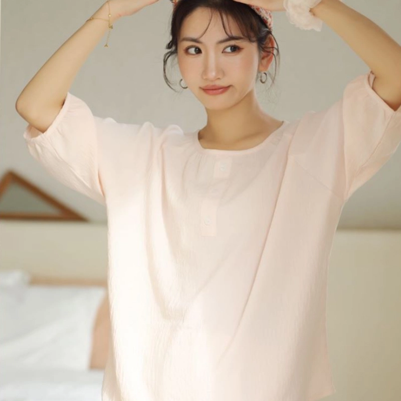 怡吾色 睡衣女夏季纯色肌理感短袖家居服简约可外穿 甜美可爱 女款