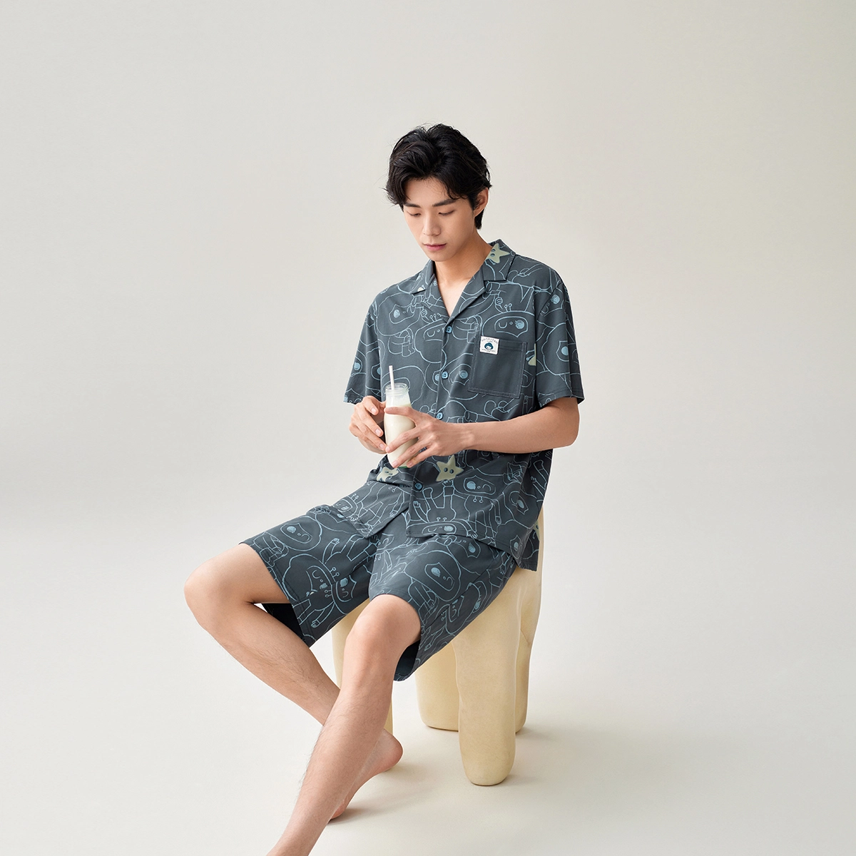 安之伴 夏季情侣睡衣纯棉吸汗透气短袖开衫家居服 男款 原野绿