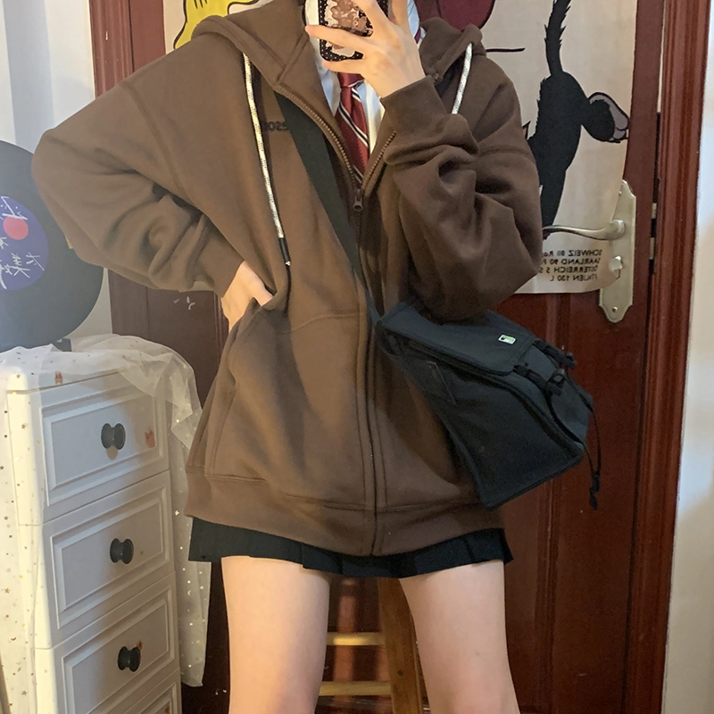 东鲸岁时记 纯色拉链宽松字母刺绣加绒开衫连帽卫衣 女款
