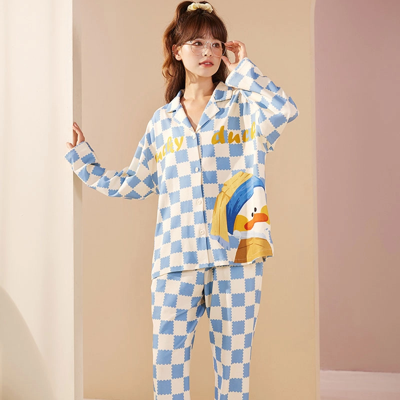 怡吾色 清新蓝色系印花可爱鸭家居服套装 可外穿睡衣 情侣款