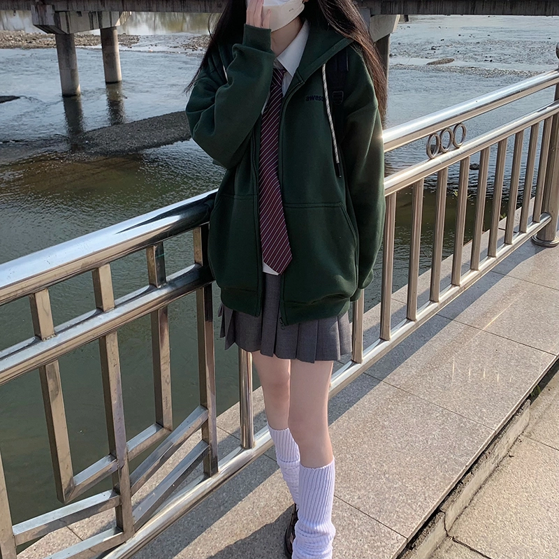 东鲸岁时记 纯色拉链宽松字母刺绣加绒开衫连帽卫衣 女款