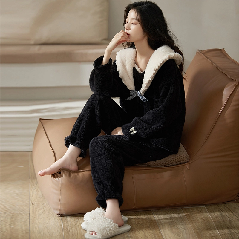 小情歌 珊瑚绒睡衣 冬季 翻领加绒加厚保暖御寒家居服 女款 黑色