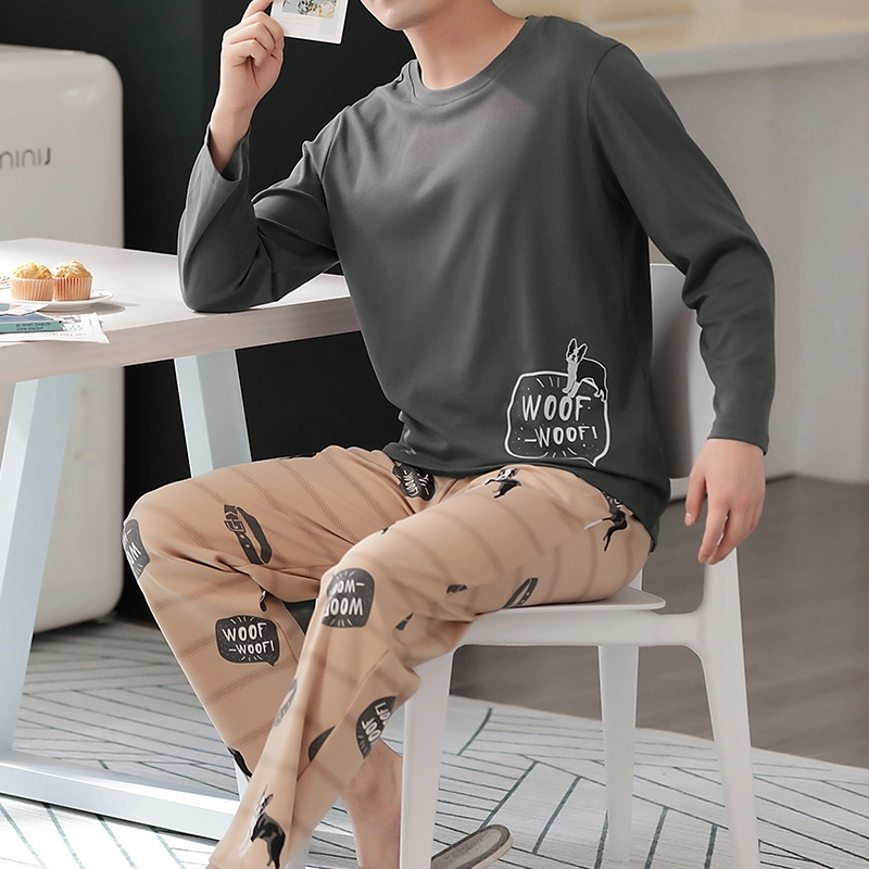 棉基因 纯棉长袖睡衣 圆领家居服套装 春秋季 男款 深灰