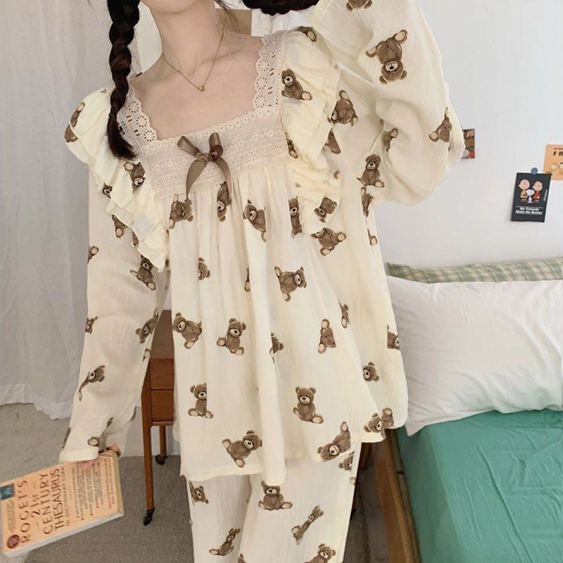 橡柠派 可爱小熊蝴蝶结睡衣可爱舒适春秋季少女韩版休闲学生睡裙可外穿两件套装 家居套装 女款 白色