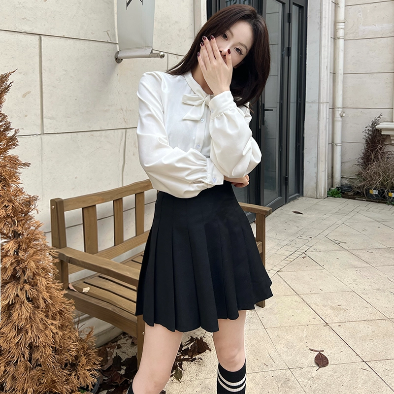 九条喵 蝴蝶结纯色单排扣长袖衬衫 女款 白色