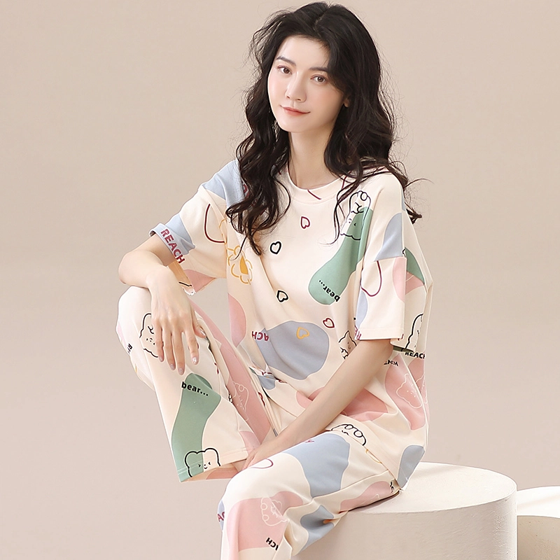 棉基因 纯棉套头圆领短袖长裤家居服套装 女款杏色
