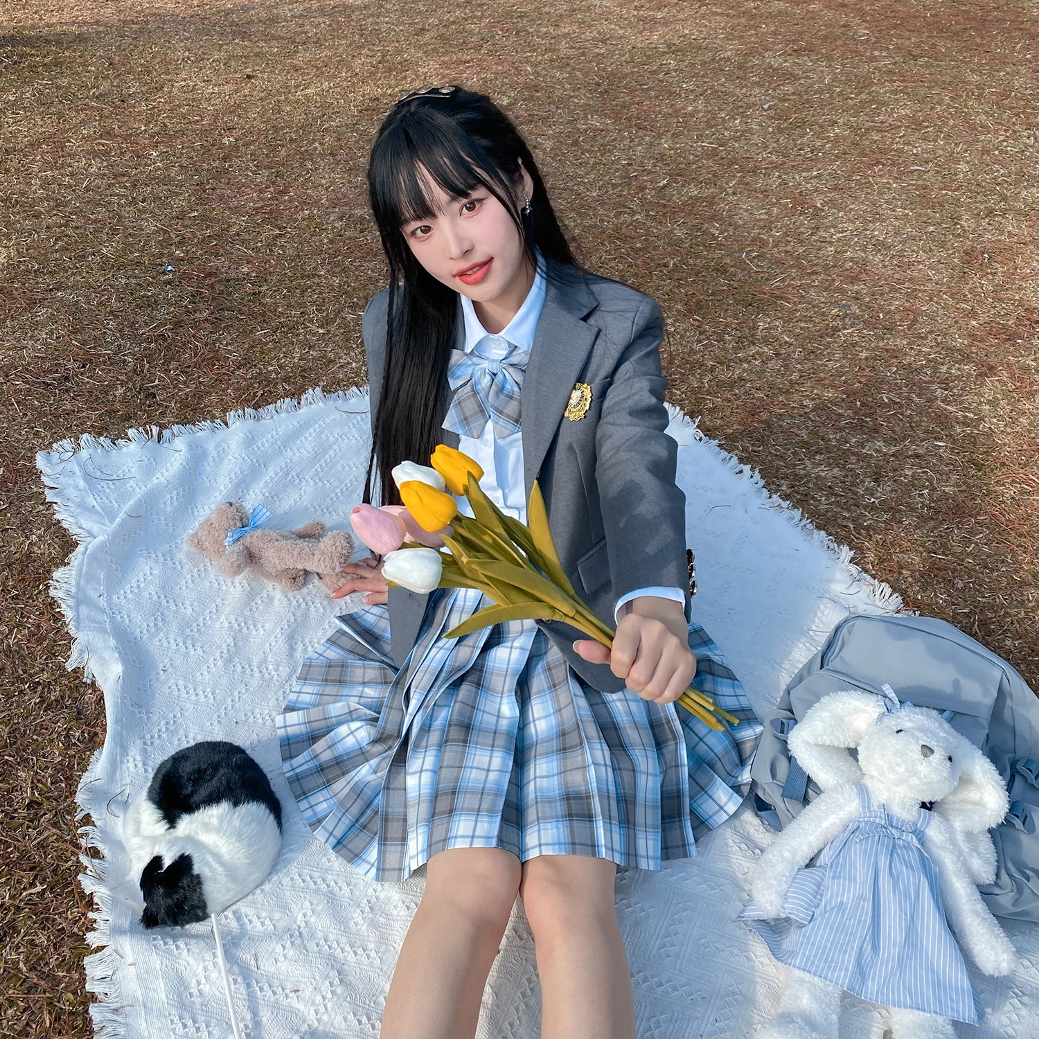 兔半眠 徽章西装外套百褶裙制服套装 女款