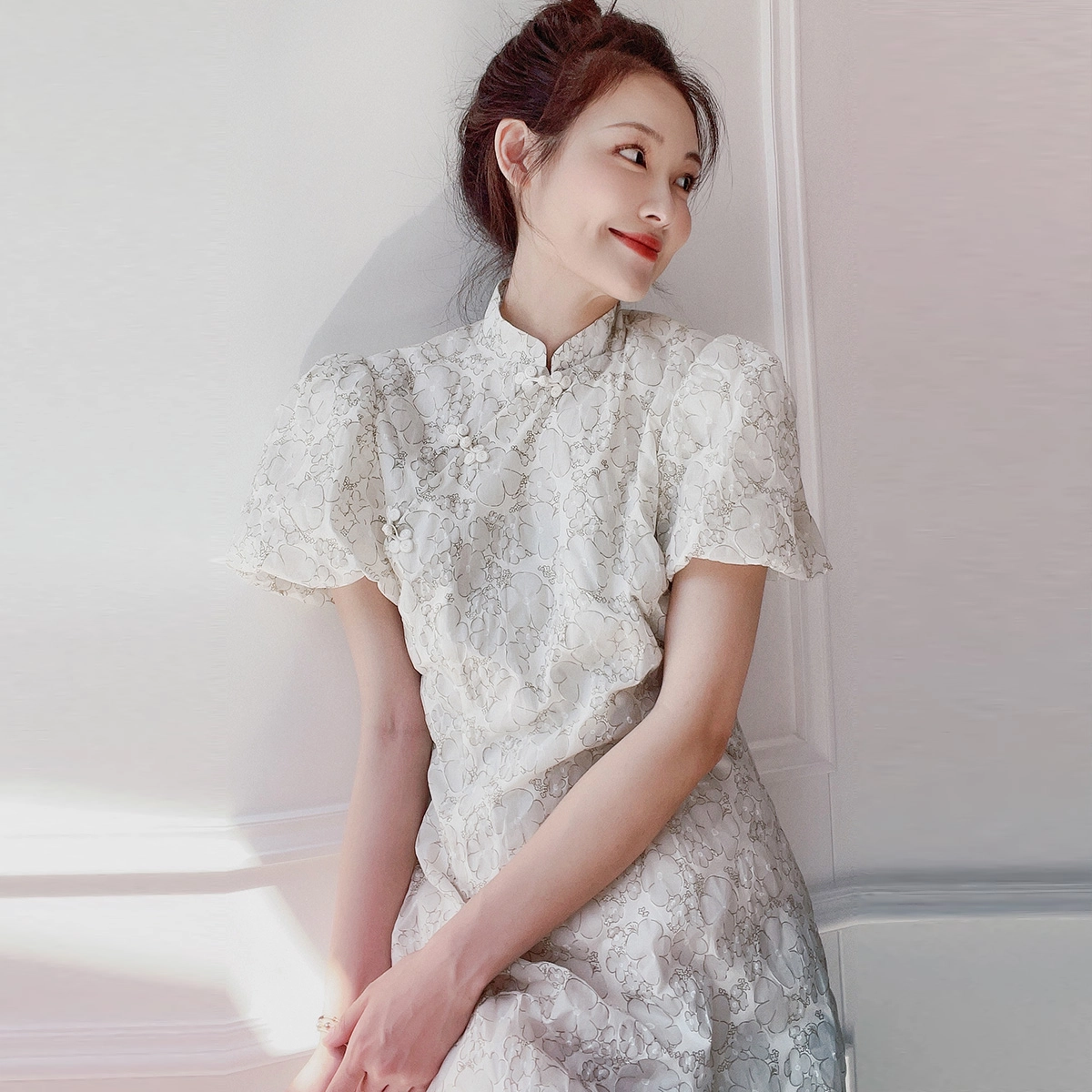 美洋 梨花落改良旗袍连衣裙女夏季年轻斜襟新中式复古国风气质短裙
