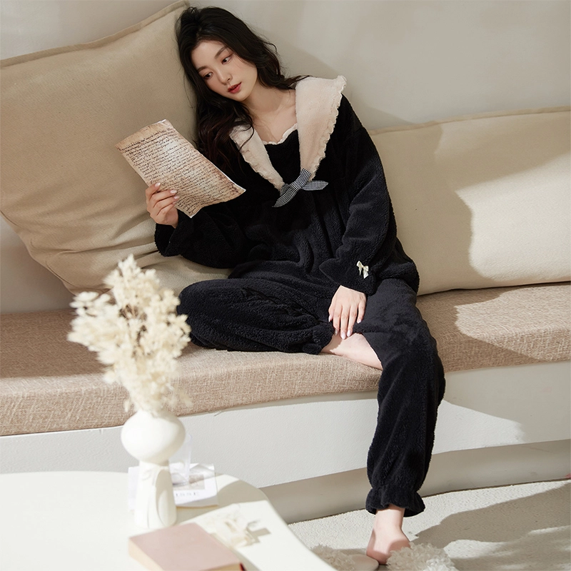 小情歌 珊瑚绒睡衣 冬季 翻领加绒加厚保暖御寒家居服 女款 黑色