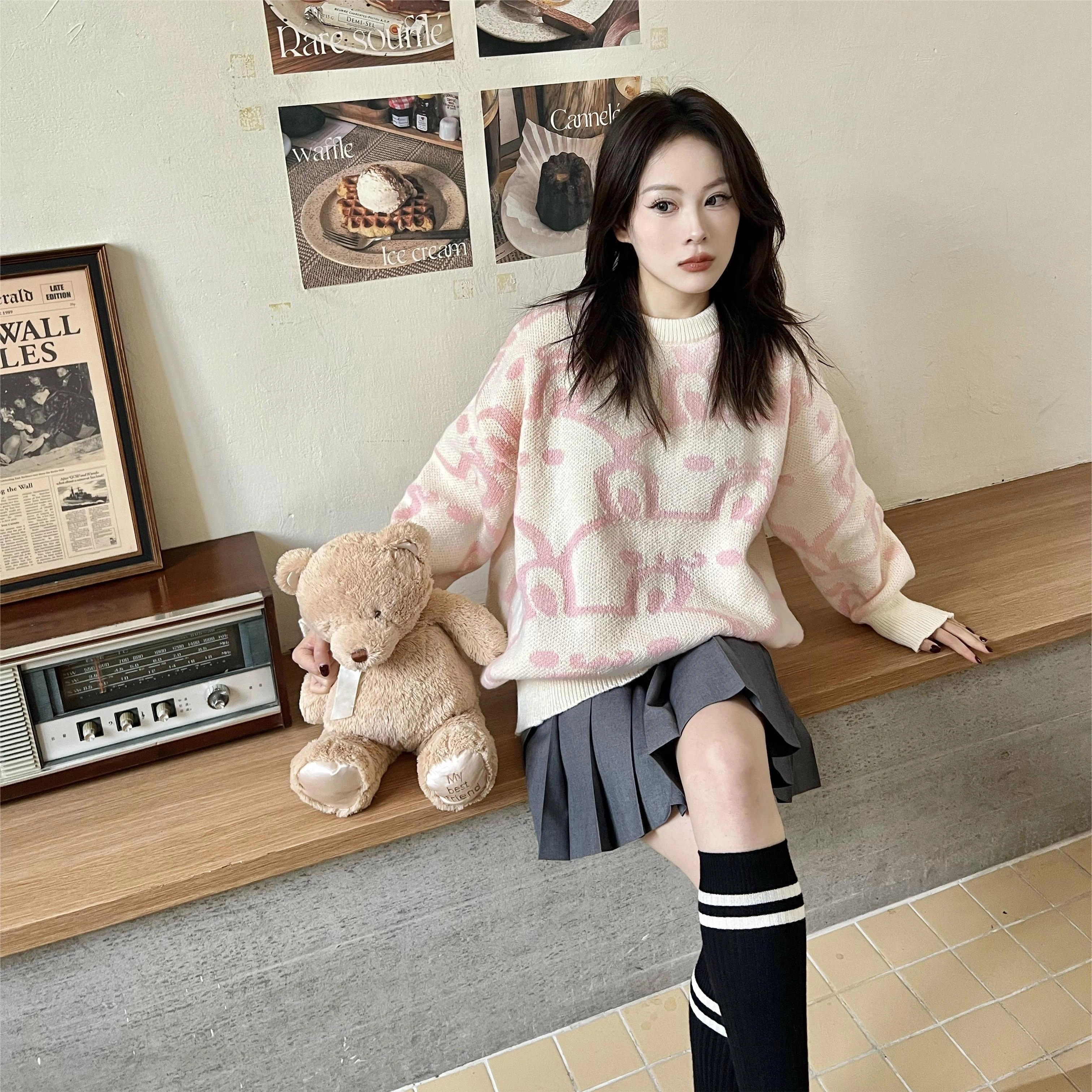 九条喵 小兔子印花宽松休闲针织圆领毛衣 女款 粉红色